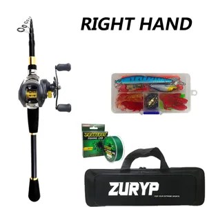 Telescopic fishing rod detail, spinning reel close-up, tackle box and line features.