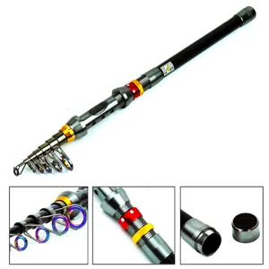 Portable telescopic fishing rod detailed view showing colorful guides and metal reel seat.