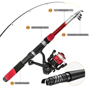 Teleskopische Angelrute Set mit Glasfaser Körper, Metallrollenhalter und Keramikringen.