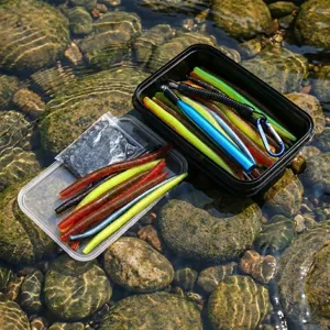 Detailed view of colorful soft plastic fishing noodle worms and o-ring rig accessories in box.