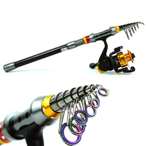 Telescopic fishing rod and reel combo, detail view showing colorful guide rings and portable design.