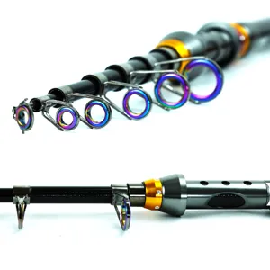 Detailed view of telescopic fishing rod guide rings and metal joints for travel setup.