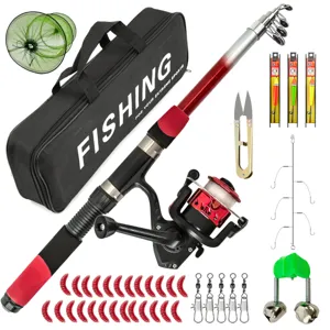 Komplettes Teleskop-Angelruten-Set mit Rolle, Tasche, Kunstködern und umfangreichem Angelzubehör.