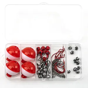 Fishing tackle box detail showing colorful hooks, sinkers and round bobbers for beginners.