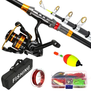 Complete fishing rod and reel set with telescopic pole, spinning reel, tackle box, and bag.