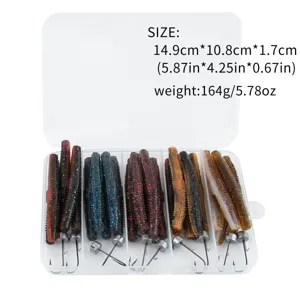 Boxed fishing soft lure set with transparent storage case, multicolored stick baits and jig hooks.