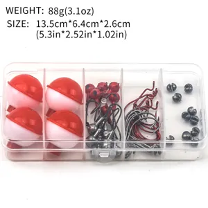 Close-up of 46pcs fishing tackle set details, including hooks, floats and sinkers in box.