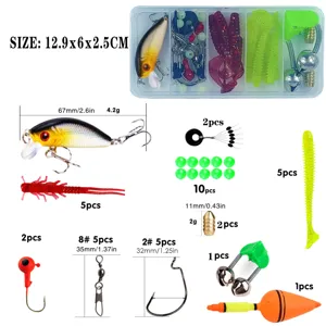 Kit completo de señuelos de pesca con caja, cebo minnow duro, gusanos blandos y varios anzuelos.