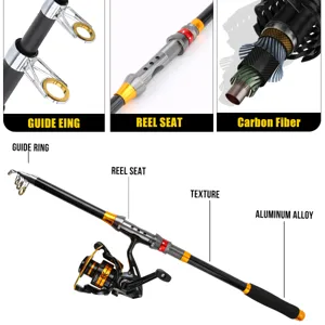 Carbon fiber fishing rod and spinning reel combo set, durable saltwater freshwater angling gear.