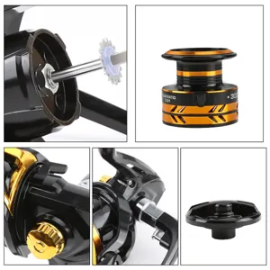 Fishing reel replacement parts close up, showing inner gear shaft, 3000 spool and handle details.