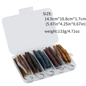 Plastic fishing tackle box with soft stick bait lures and hooks set for bass fishing.