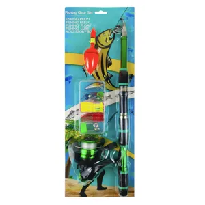 Set de pesca completo con caña telescópica, carrete, flotador, señuelos y caja de accesorios.