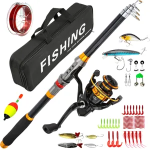 Telescopic fishing rod and reel combo set with storage bag, lures, and line for outdoor angling.