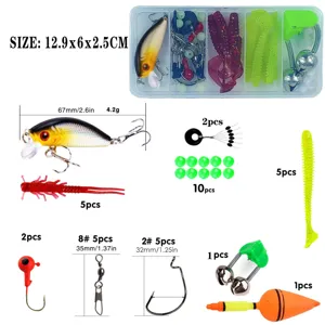 Kit de pesca con cebo duro, gusanos suaves, anzuelos, esmerillones, flotadores y caja.