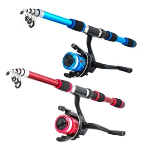 Telescopic fishing rod and spinning reel set, portable design with dual color options.