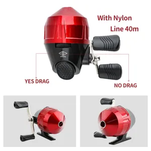 Detailansicht der rot-schwarzen Spinnfischrolle mit doppelten Griffen und Nylonschnur.