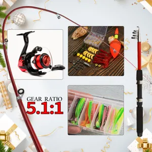 Christmas fishing rod set with spinning reel and soft plastic lures detailed view equipment