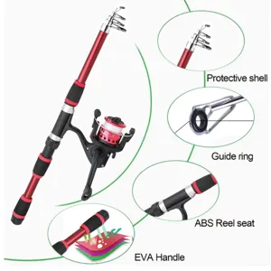 Detailed view of telescopic fishing rod set with EVA handle and guide ring for sea fishing.