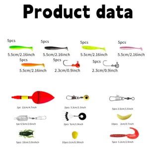 Comprehensive fishing lure accessories set including soft baits, hooks, and floats for sea fishing.