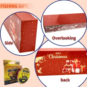 Detailed view of Christmas fishing rod set and nylon fishing line with festive gift box packaging.
