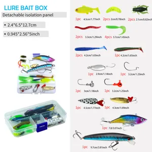 Conjunto de caja de señuelos de pesca con varios cebos blandos, cucharas y anzuelos.
