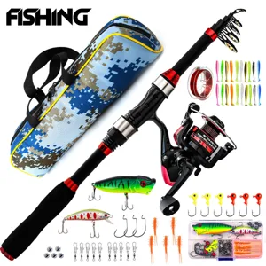 Combo de Caña de Pesca Telescópica de Fibra de Carbono y Carrete de Spinning Con Bolsa de Pesca Cebos Anzuelos Set Completo de Equipo de Pesca