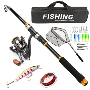 Conjunto de Caña de Pescar Telescópica y Carrete de Fibra de Vidrio Caña Lure Con Accesorios de Pesca Completos Para Aire Libre