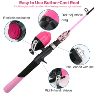 Set de caña de pesca spincast para niños y carrete rosa negro con línea preinstalada.