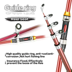 Detailed view of telescopic fishing rod guide ring and secure metal reel seat features.