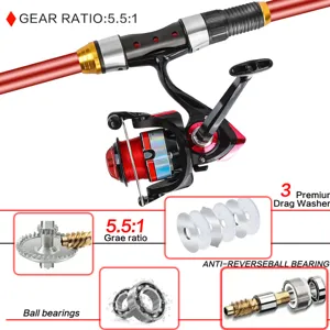 Fishing rod and reel detail view showing gear ratio 5.5:1, bearings, and drag washers.