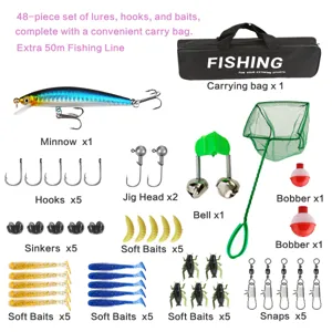 Conjunto de 48 señuelos de pesca con anzuelos, cebos, vinilos y bolsa de transporte.