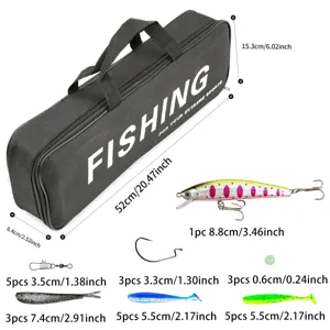 Detailed view of fishing gear bag with various lures, hooks, and precise dimension specs.