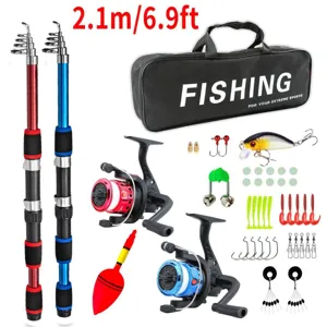 2.1m Fishing Rod Set Complete Package Dual Rods Reels Baits Tackle Bag Outdoor Fishing Gear