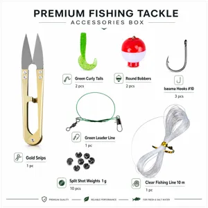 Premium fishing tackle accessories box set with scissors, soft baits, hooks, and line.