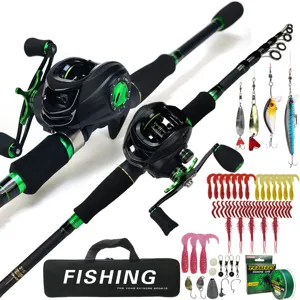 Detailed view of the carbon telescopic fishing rod set with baitcasting reel and lures.