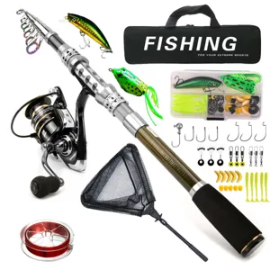 Carbon fishing rod and spinning reel set with lures and tackle box for outdoor fishing.