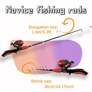 Canne à pêche télescopique portable pour enfants et débutants avec moulinet, 1.6m.