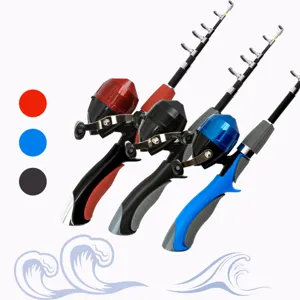 Vue détaillée de l'ensemble canne à pêche télescopique portable et moulinet en rouge noir.