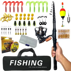 Komplette Teleskop-Angelrute mit Rolle, Ködern, Schnur und Tasche für Angler im Freien.