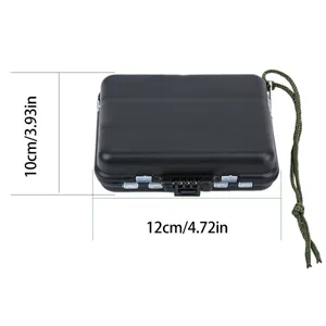 Black plastic fishing tackle storage box with green lanyard, portable accessory box.