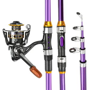 Vue détaillée de la canne à pêche télescopique et du moulinet en finition violette.