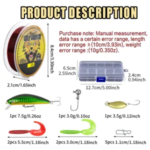 Set completo de accesorios de pesca con línea de nailon, caja, anzuelos, señuelos y cebos variados.