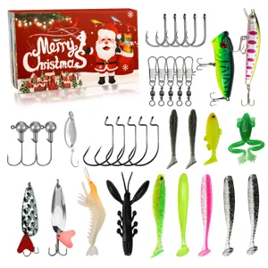 Detailansicht des Weihnachts-Angelköder-Sets mit verschiedenen Ködern, Haken und Weichködern.
