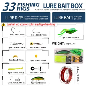 33-piece fishing lures and tackle box set with various hooks, weights, and line spool.