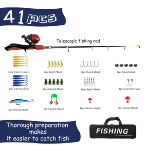 Vue détaillée des éléments du kit de canne à pêche télescopique 41pcs, leurres, hameçons et sac.