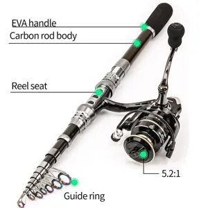 Carbon fiber fishing rod and spinning reel set telescopic pole with 5.2:1 gear ratio tackle