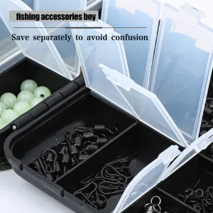 Multi-compartment plastic fishing tackle box with swivels, beads, and terminal gear.