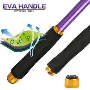 Vue détail de poignée de canne à pêche en EVA avec prise confortable et embouts filetés.