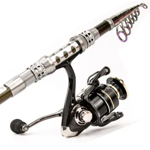 Telescopic carbon fishing rod and spinning reel combo with colorful guide rings for angling.