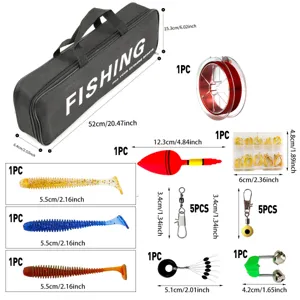 Vue détaillée des composants du kit de pêche avec spécifications de taille et de quantité.